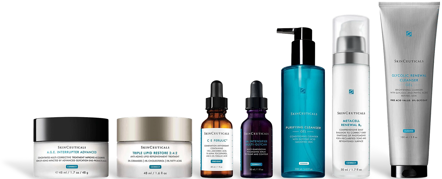 SkinCeuticals skincare products in various packaging.