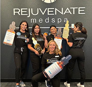 Staff promoting skincare products at medspa.