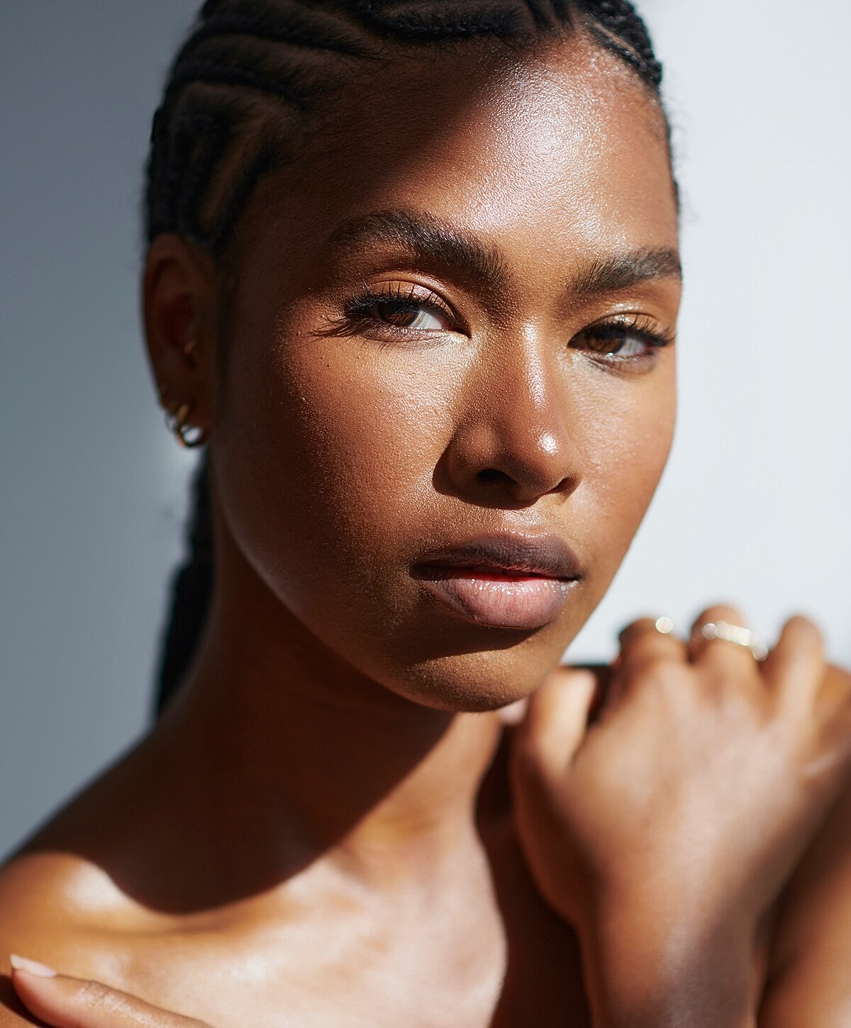 Close-up of a woman with smooth complexion.