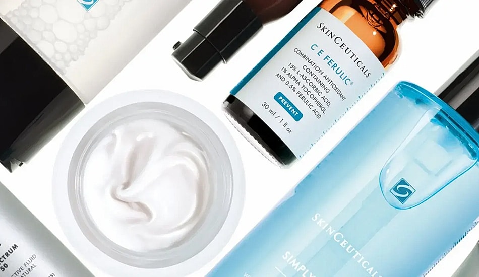 SkinCeuticals skincare products and tools on display.