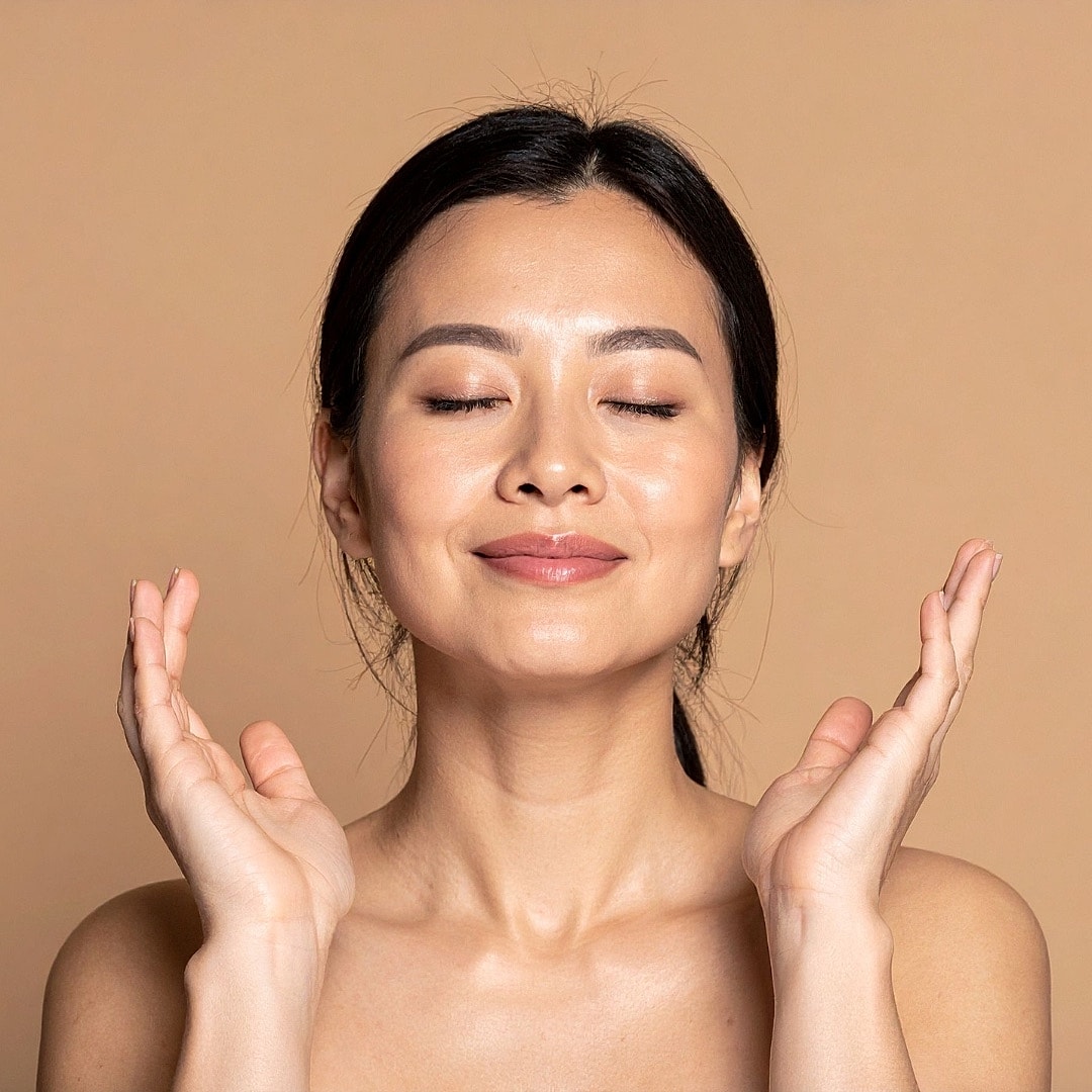 Woman applying skincare with a serene expression.
