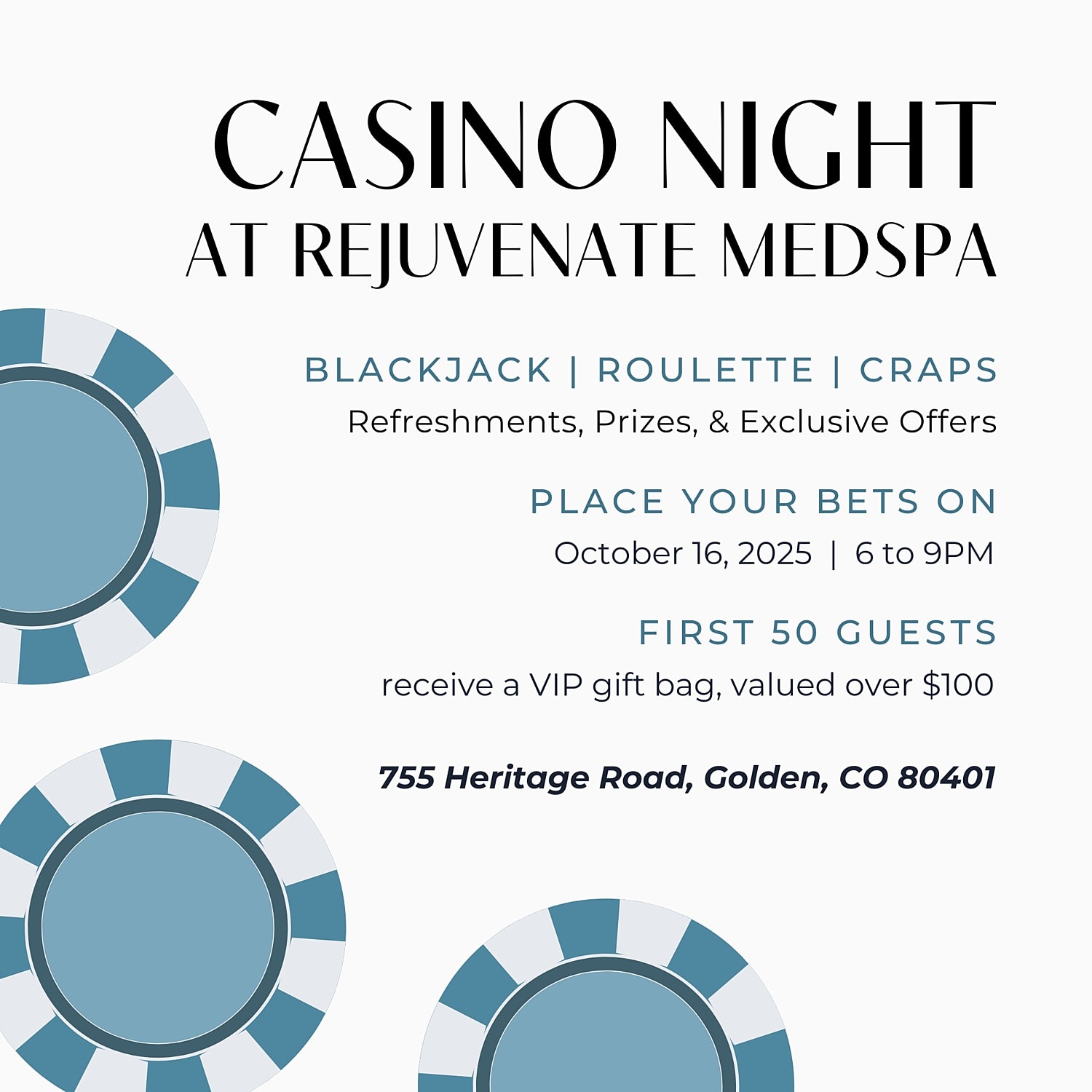 Casino night event details at Rejuvenate Medspa.