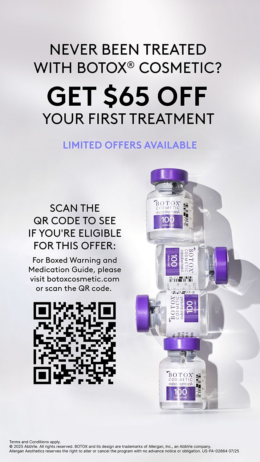 Botox cosmetic promotion with discount offer details.